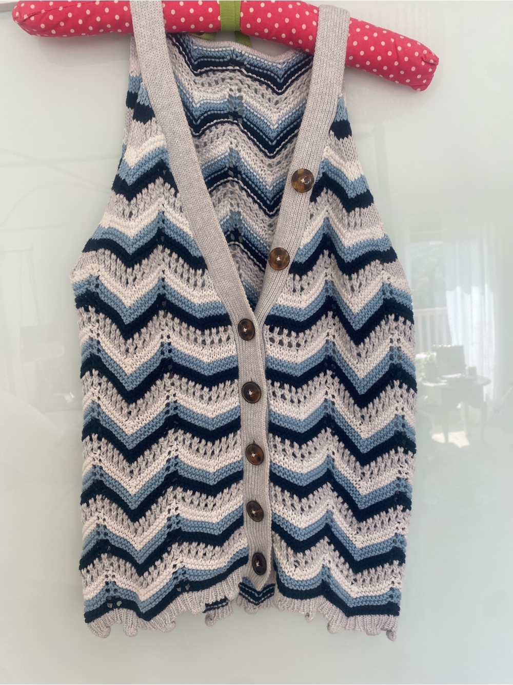 Chevron Knit Button-Front Tank Vest in Blue & Cream